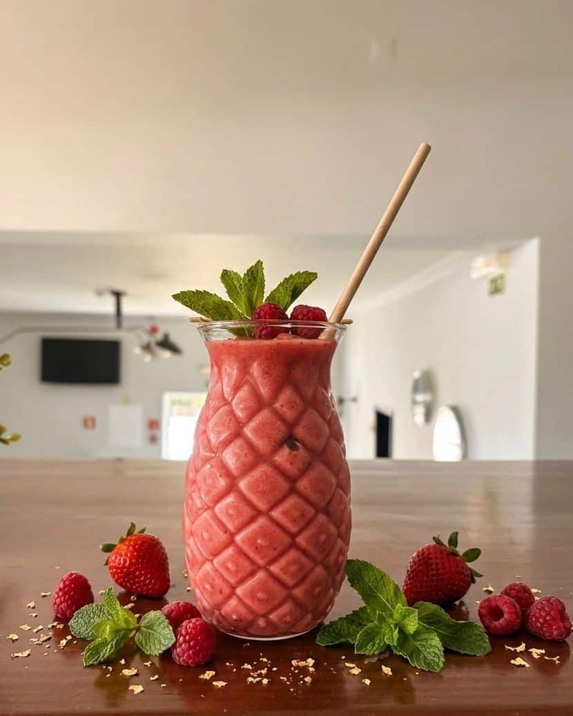 Pink raspberry pineapple smoothie in a pineapple-shaped glass